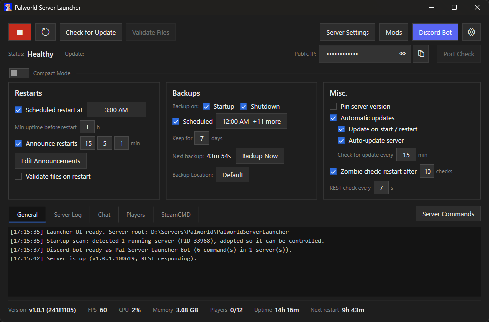 Palworld Server Launcher main window, showing restart, backup and update settings alongside a live server log